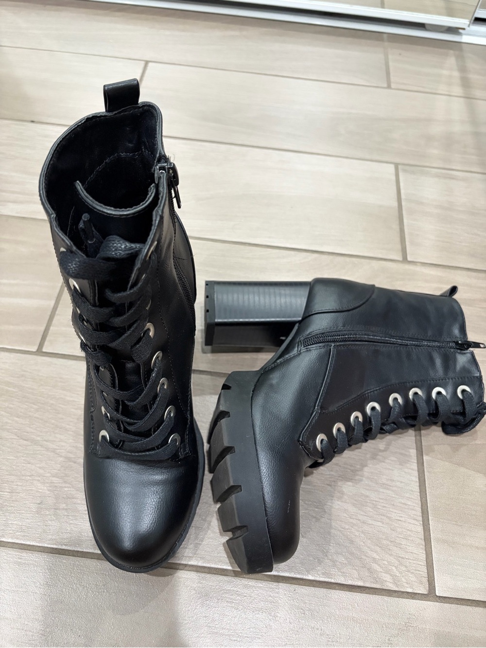 Black Lace-Up Chunky Heel Combat Boots - Women